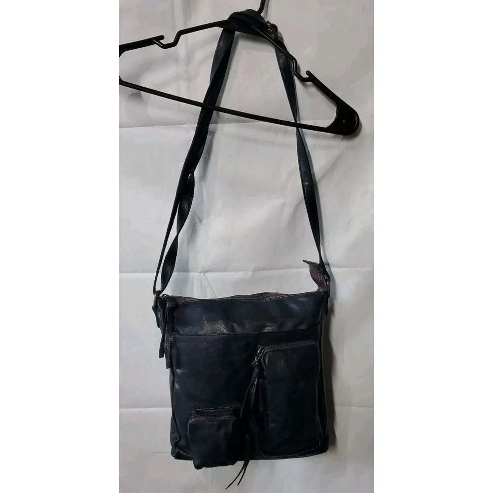 Estalon Purse Dark Blue Leather‎ Top Zip Crossbody Outside Pockets Boho Artsy